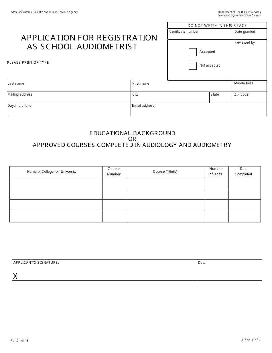 Form PM101 Application for Registration as School Audiometrist - California, Page 1