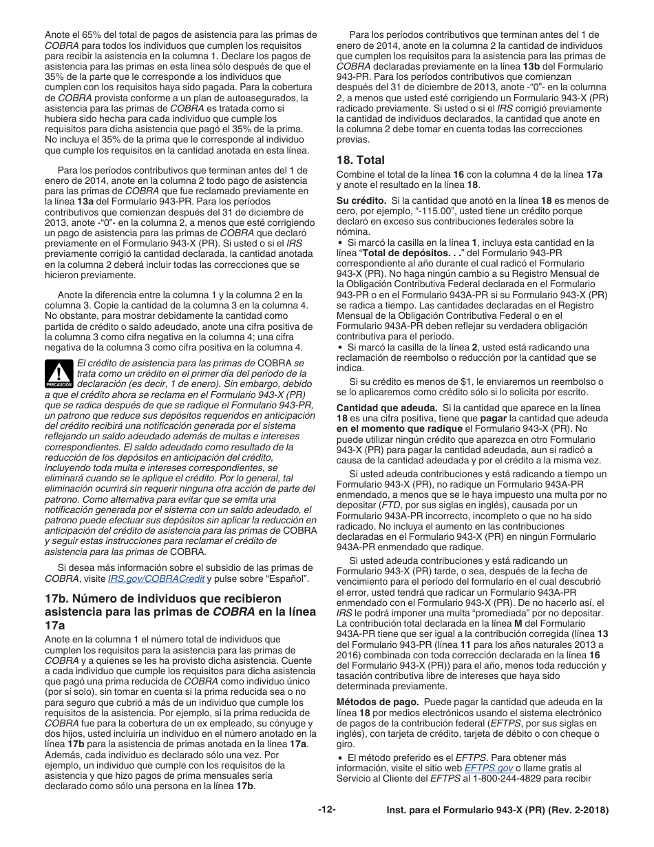 Instrucciones para IRS Formulario 943-X (PR) Ajuste a La Declaracion Federal Anual Del Patrono De Empleados Agricolas O Reclamacion De Reembolso (Puerto Rican Spanish), Page 12