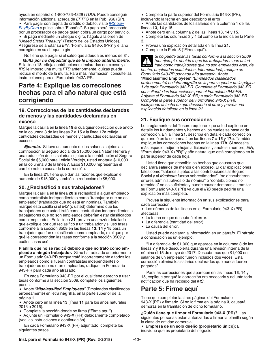 Instrucciones para IRS Formulario 943-X (PR) Ajuste a La Declaracion Federal Anual Del Patrono De Empleados Agricolas O Reclamacion De Reembolso (Puerto Rican Spanish), Page 13