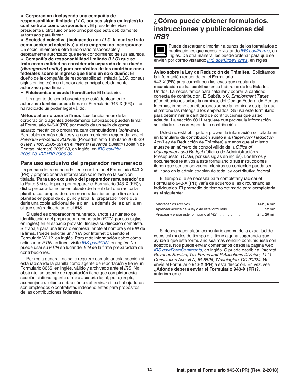 Instrucciones para IRS Formulario 943-X (PR) Ajuste a La Declaracion Federal Anual Del Patrono De Empleados Agricolas O Reclamacion De Reembolso (Puerto Rican Spanish), Page 14