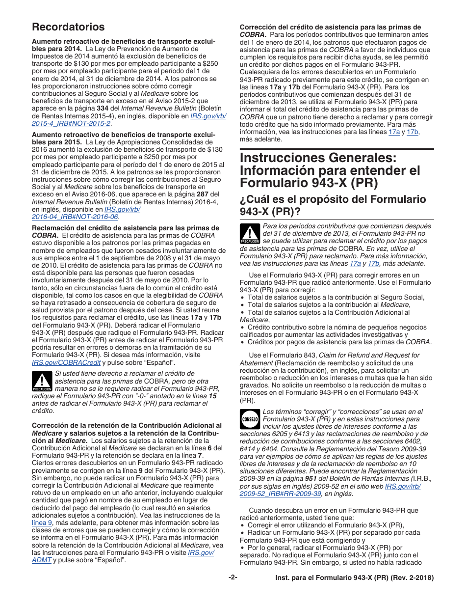 Instrucciones para IRS Formulario 943-X (PR) Ajuste a La Declaracion Federal Anual Del Patrono De Empleados Agricolas O Reclamacion De Reembolso (Puerto Rican Spanish), Page 2