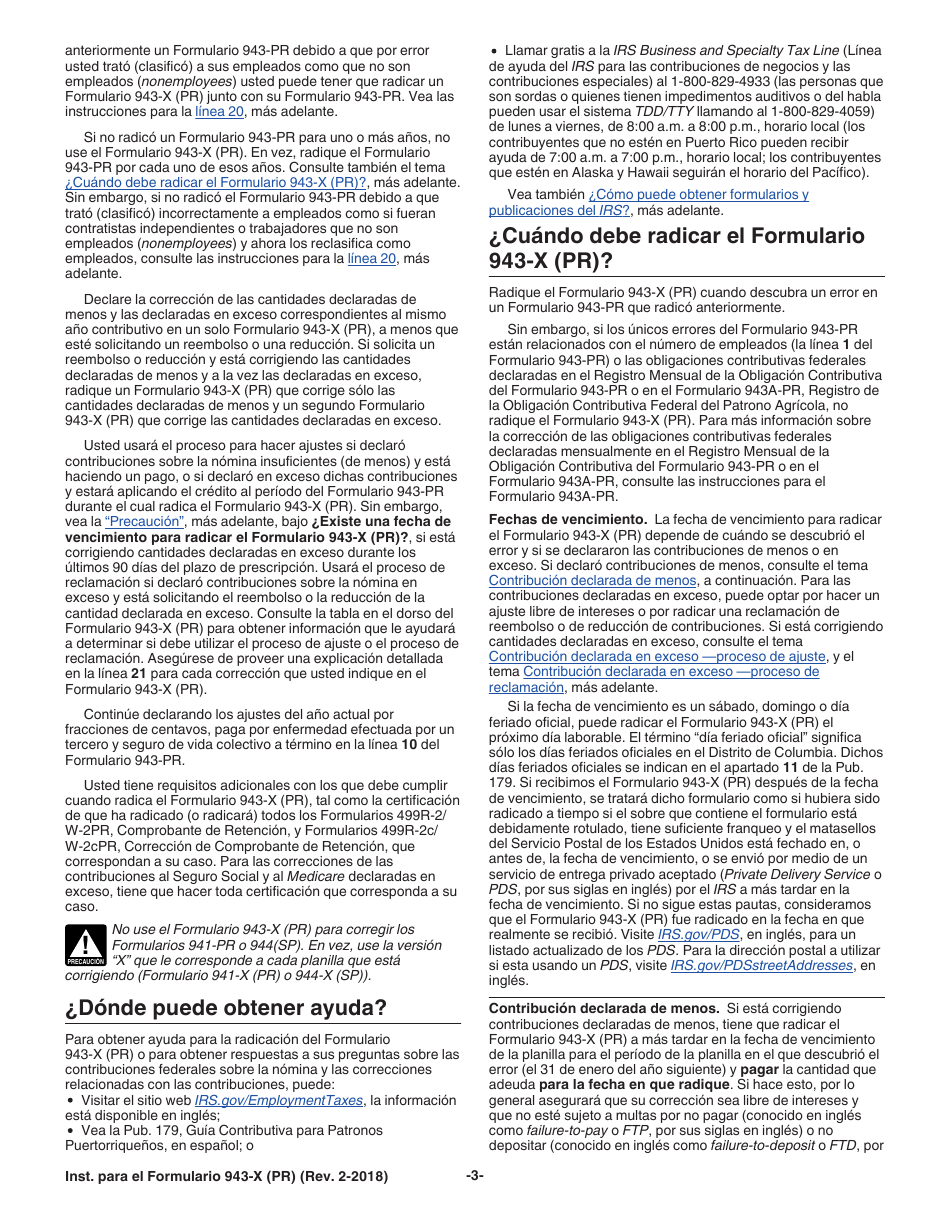 Instrucciones para IRS Formulario 943-X (PR) Ajuste a La Declaracion Federal Anual Del Patrono De Empleados Agricolas O Reclamacion De Reembolso (Puerto Rican Spanish), Page 3