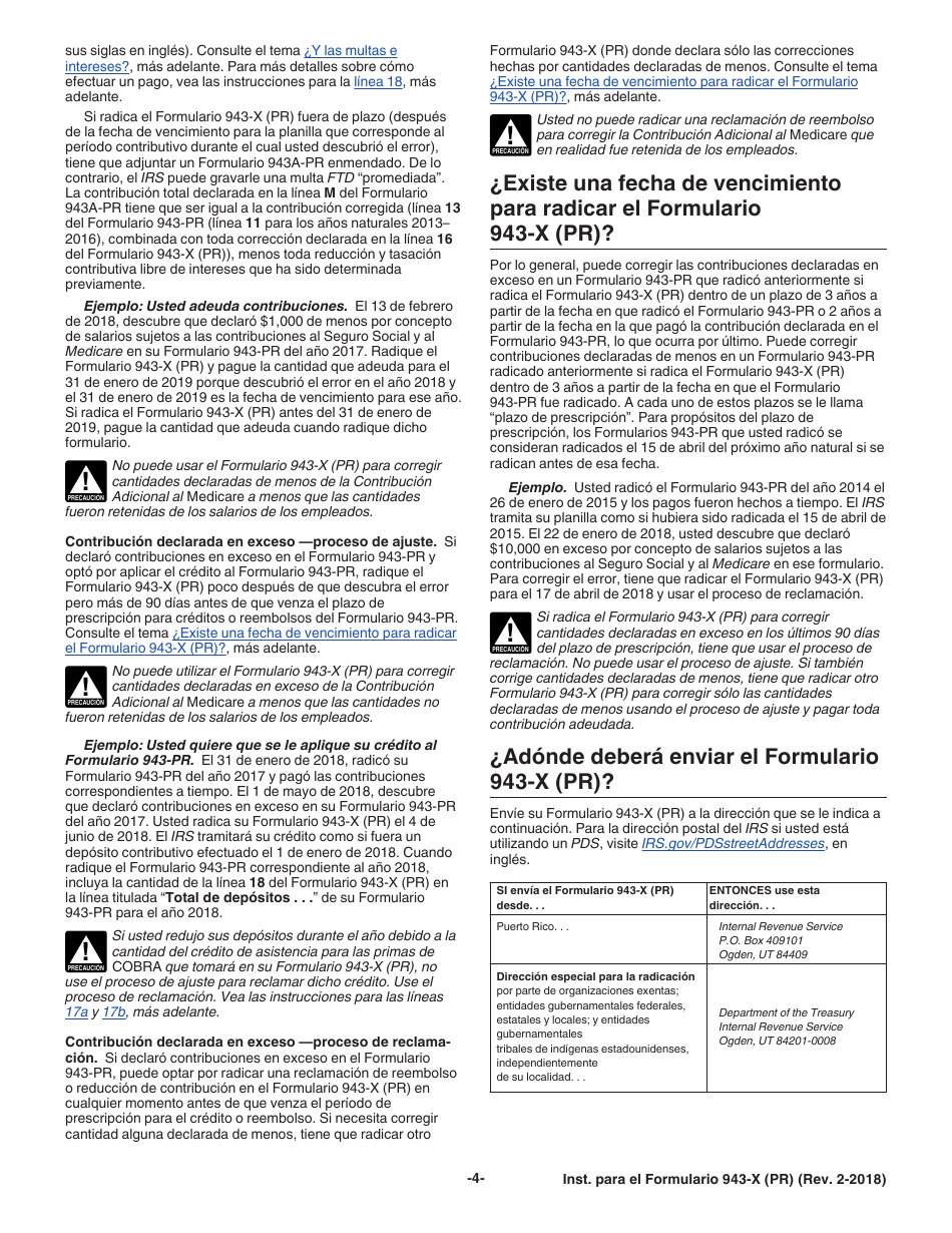 Instrucciones para IRS Formulario 943-X (PR) Ajuste a La Declaracion Federal Anual Del Patrono De Empleados Agricolas O Reclamacion De Reembolso (Puerto Rican Spanish), Page 4