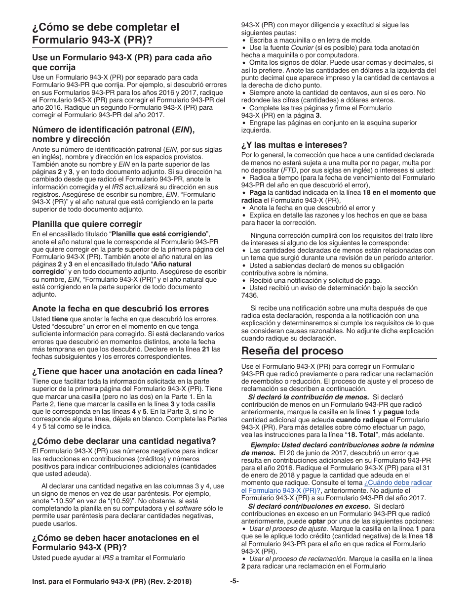 Instrucciones para IRS Formulario 943-X (PR) Ajuste a La Declaracion Federal Anual Del Patrono De Empleados Agricolas O Reclamacion De Reembolso (Puerto Rican Spanish), Page 5