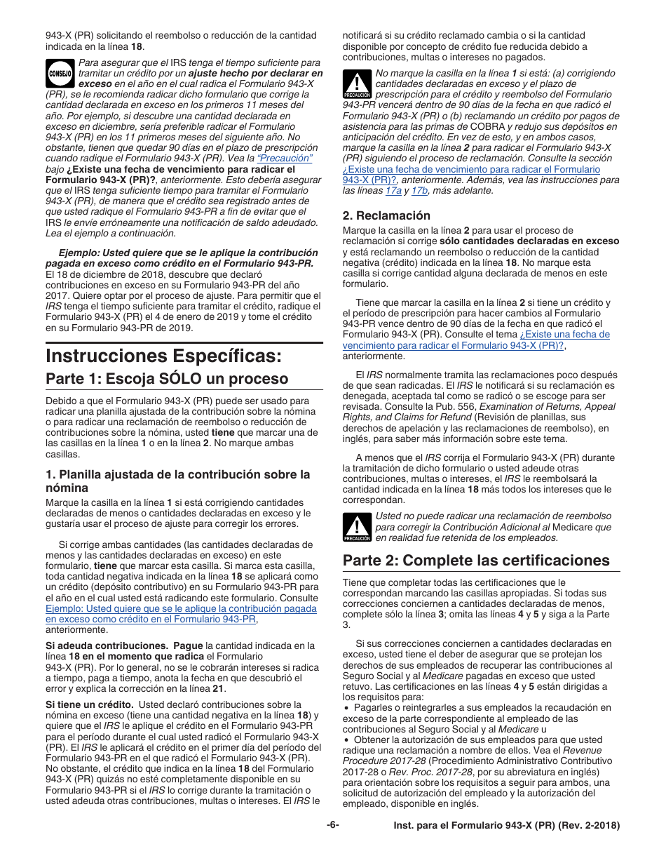 Instrucciones para IRS Formulario 943-X (PR) Ajuste a La Declaracion Federal Anual Del Patrono De Empleados Agricolas O Reclamacion De Reembolso (Puerto Rican Spanish), Page 6