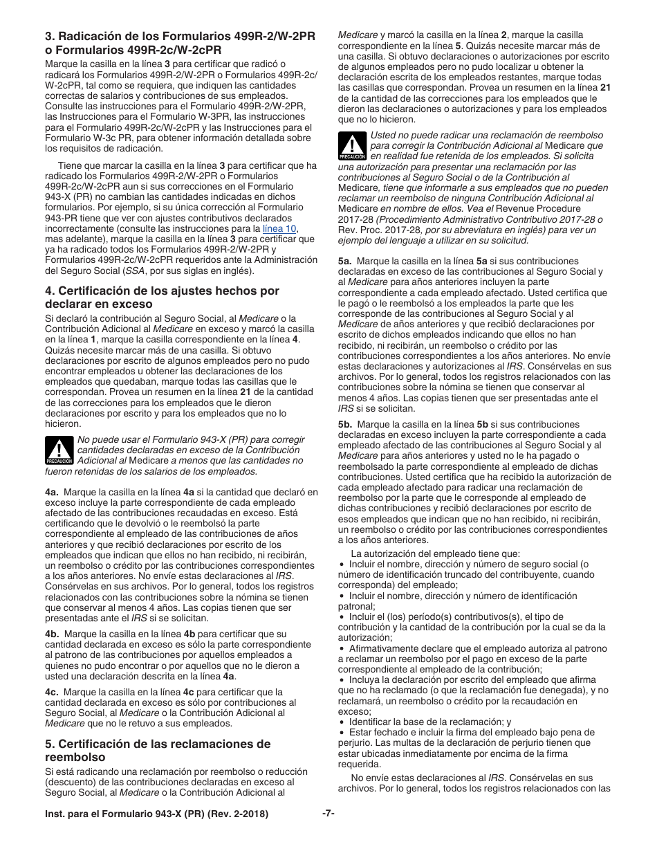 Instrucciones para IRS Formulario 943-X (PR) Ajuste a La Declaracion Federal Anual Del Patrono De Empleados Agricolas O Reclamacion De Reembolso (Puerto Rican Spanish), Page 7