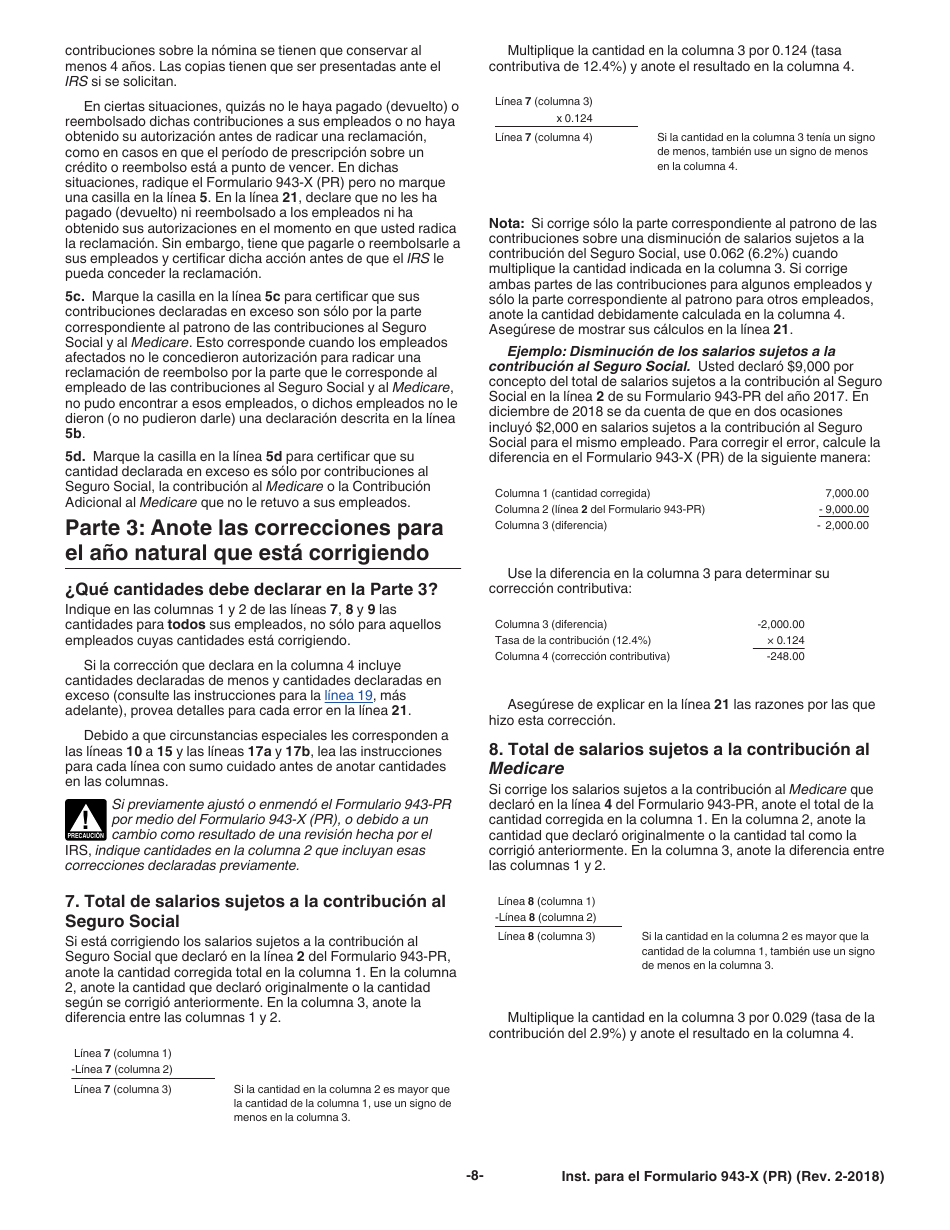 Instrucciones para IRS Formulario 943-X (PR) Ajuste a La Declaracion Federal Anual Del Patrono De Empleados Agricolas O Reclamacion De Reembolso (Puerto Rican Spanish), Page 8