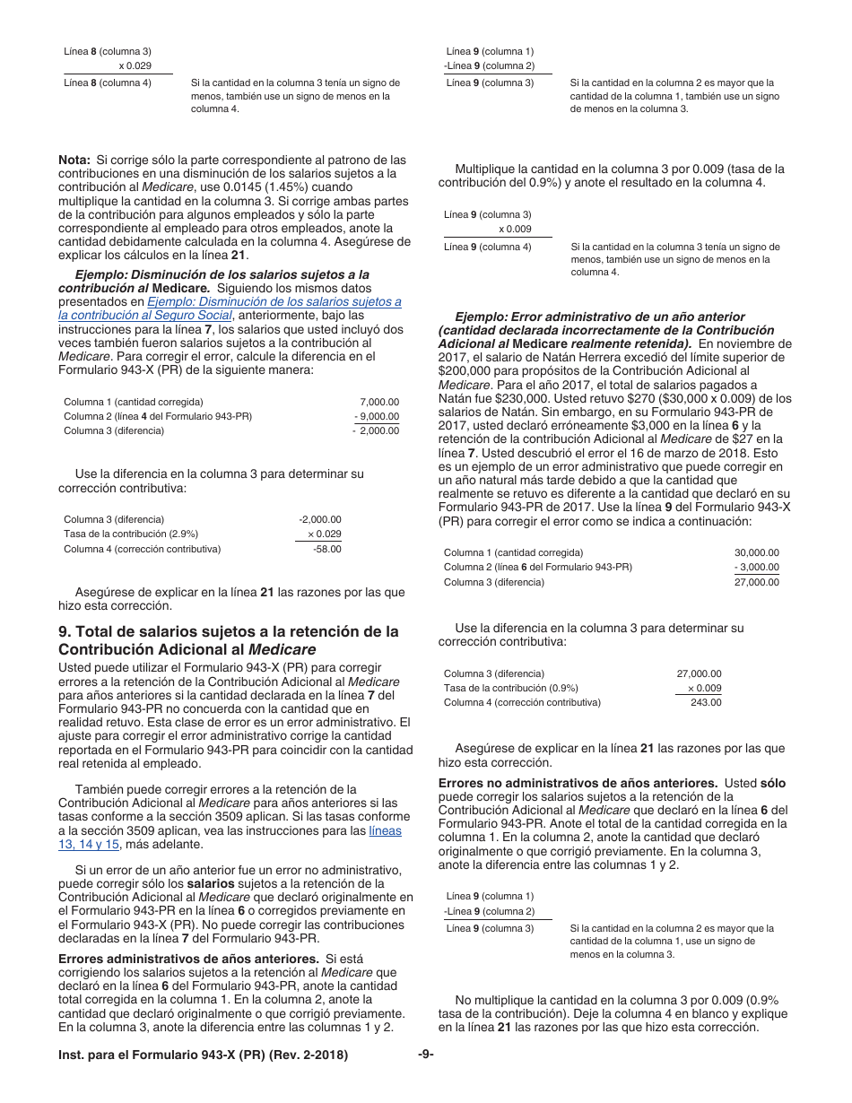 Instrucciones para IRS Formulario 943-X (PR) Ajuste a La Declaracion Federal Anual Del Patrono De Empleados Agricolas O Reclamacion De Reembolso (Puerto Rican Spanish), Page 9