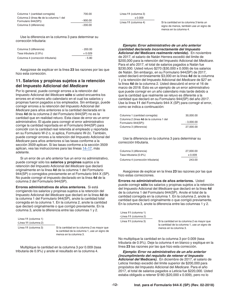 Instrucciones para IRS Formulario 944-X (SP) Ajuste a La Declaracion Federal Anual Del Empleador O Reclamacion De Reembolso (Spanish), Page 12