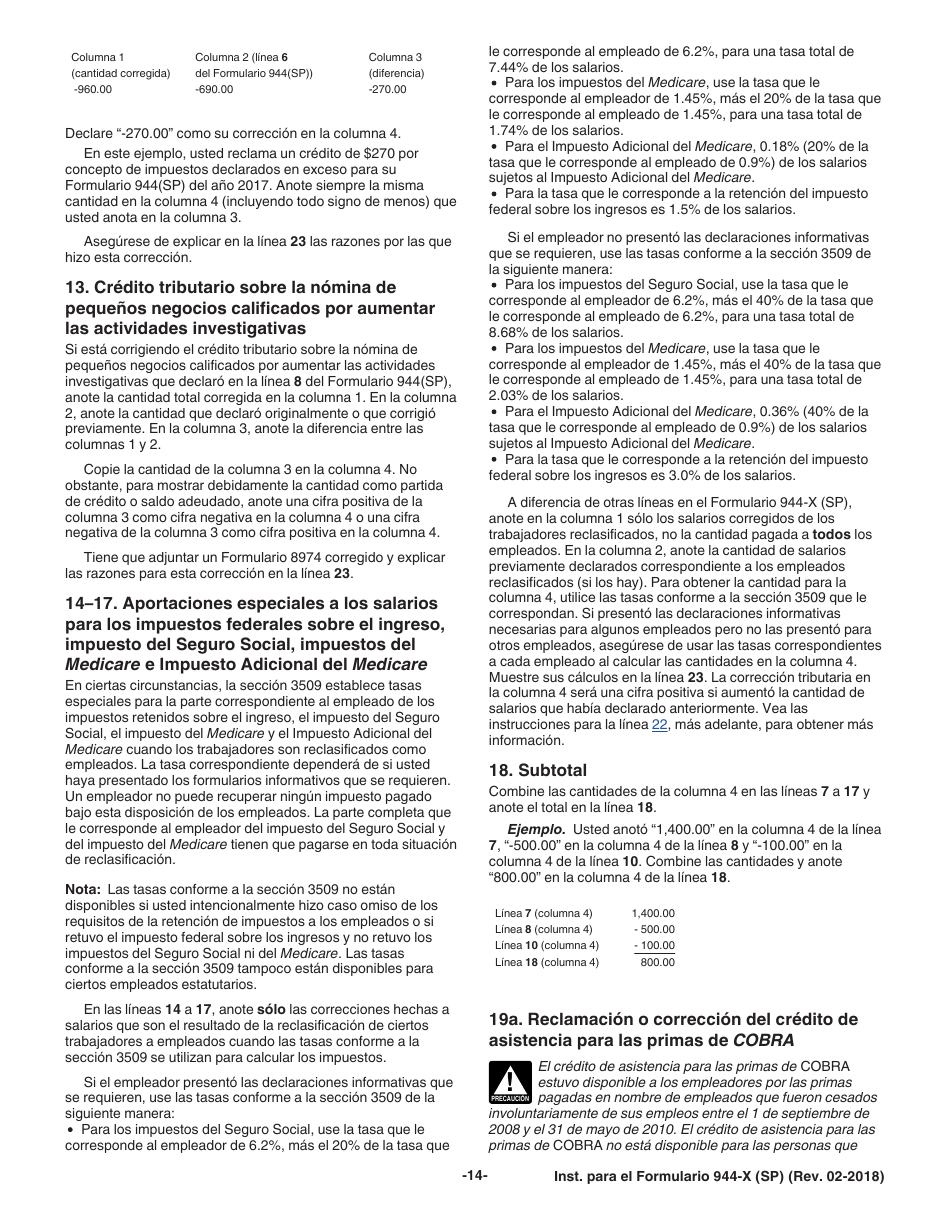 Instrucciones para IRS Formulario 944-X (SP) Ajuste a La Declaracion Federal Anual Del Empleador O Reclamacion De Reembolso (Spanish), Page 14
