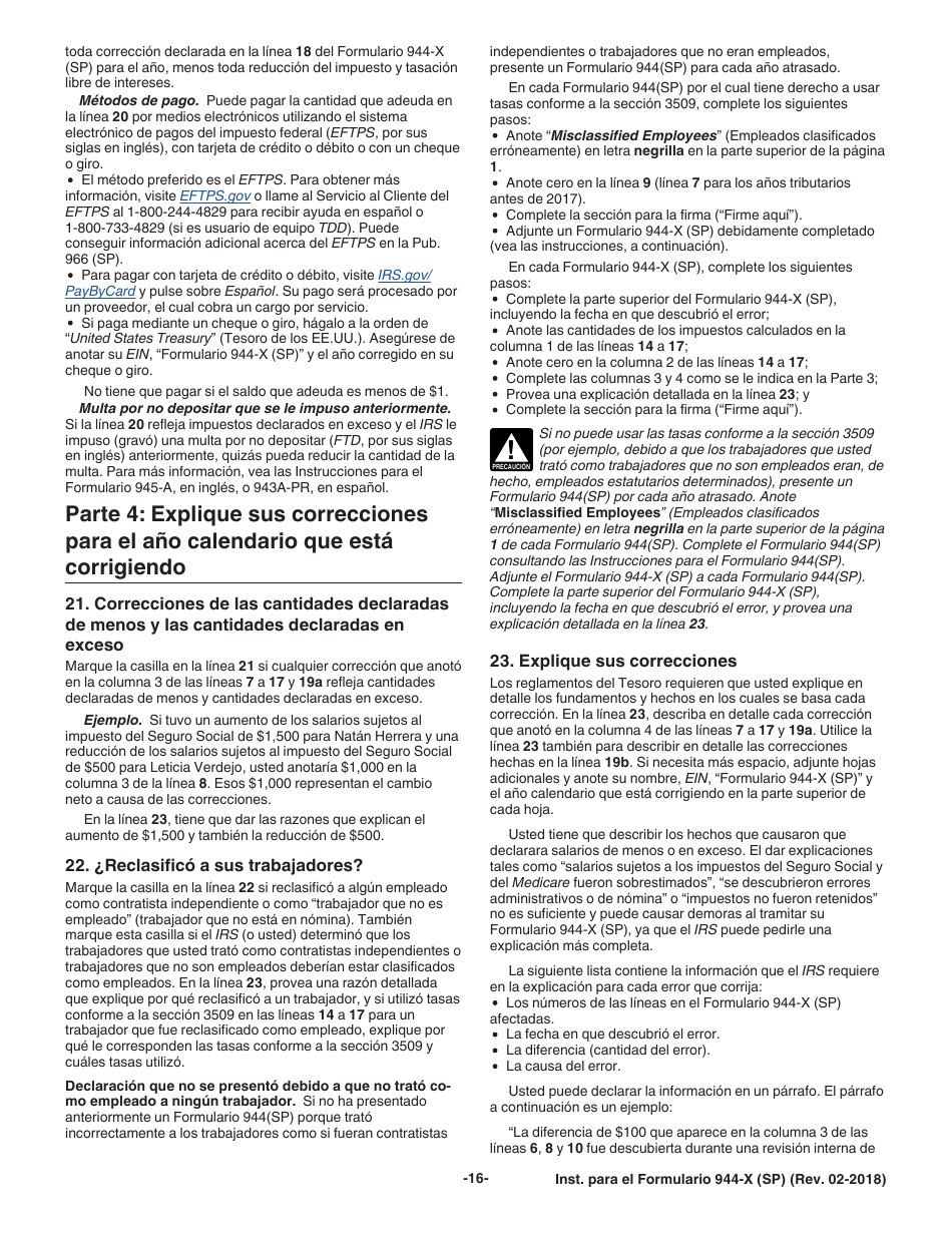 Instrucciones para IRS Formulario 944-X (SP) Ajuste a La Declaracion Federal Anual Del Empleador O Reclamacion De Reembolso (Spanish), Page 16