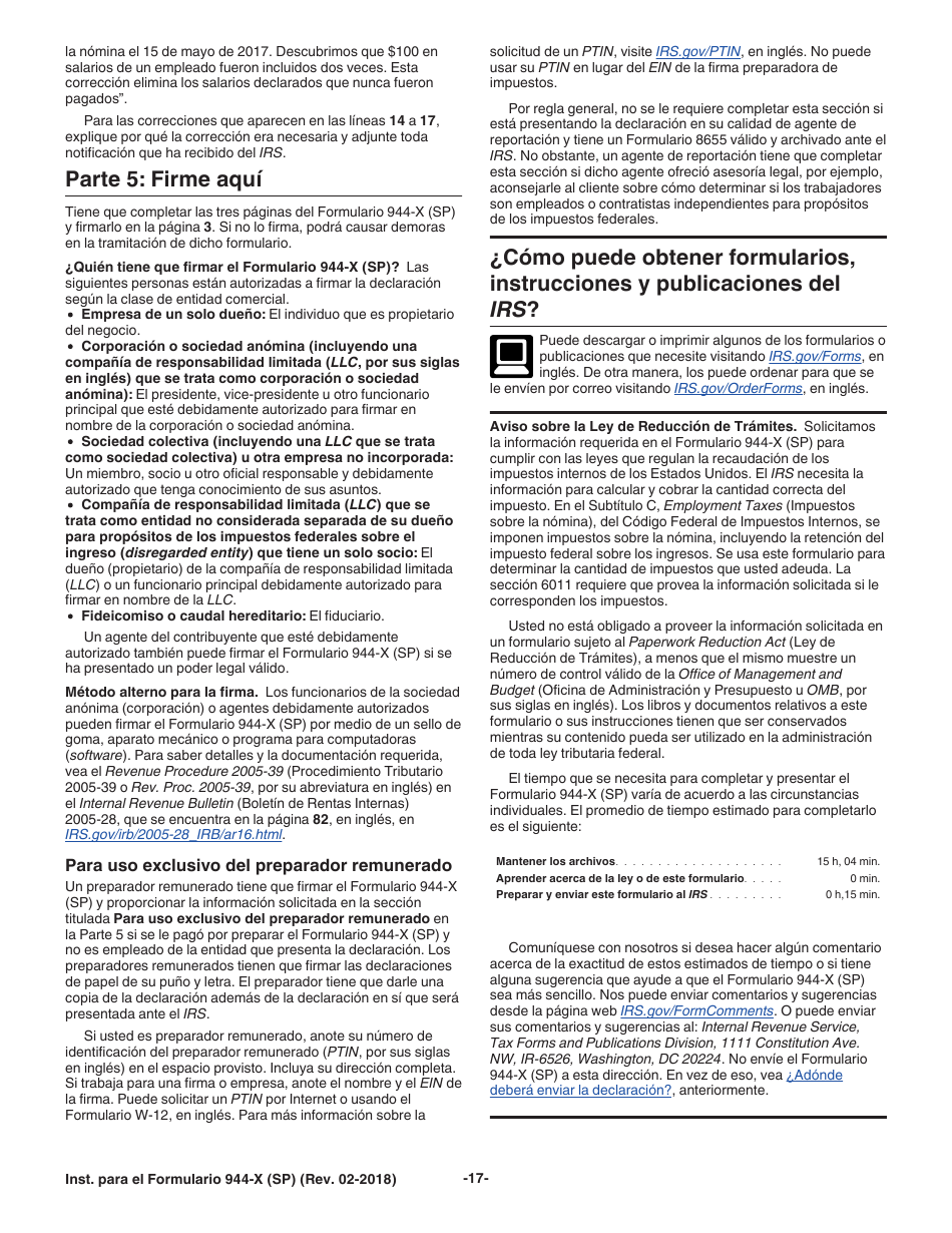 Instrucciones para IRS Formulario 944-X (SP) Ajuste a La Declaracion Federal Anual Del Empleador O Reclamacion De Reembolso (Spanish), Page 17