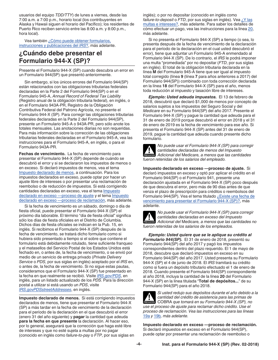 Instrucciones para IRS Formulario 944-X (SP) Ajuste a La Declaracion Federal Anual Del Empleador O Reclamacion De Reembolso (Spanish), Page 4
