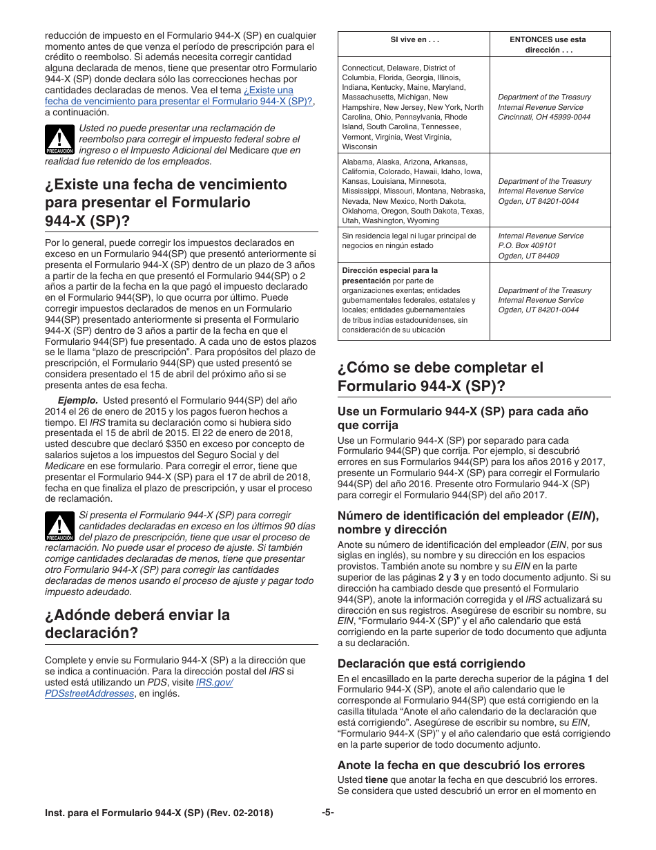 Instrucciones para IRS Formulario 944-X (SP) Ajuste a La Declaracion Federal Anual Del Empleador O Reclamacion De Reembolso (Spanish), Page 5