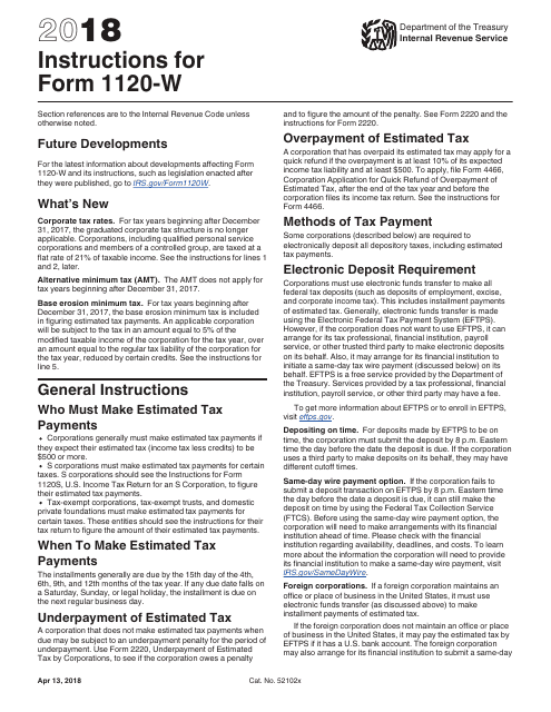 IRS Form 1120-W 2018 Printable Pdf