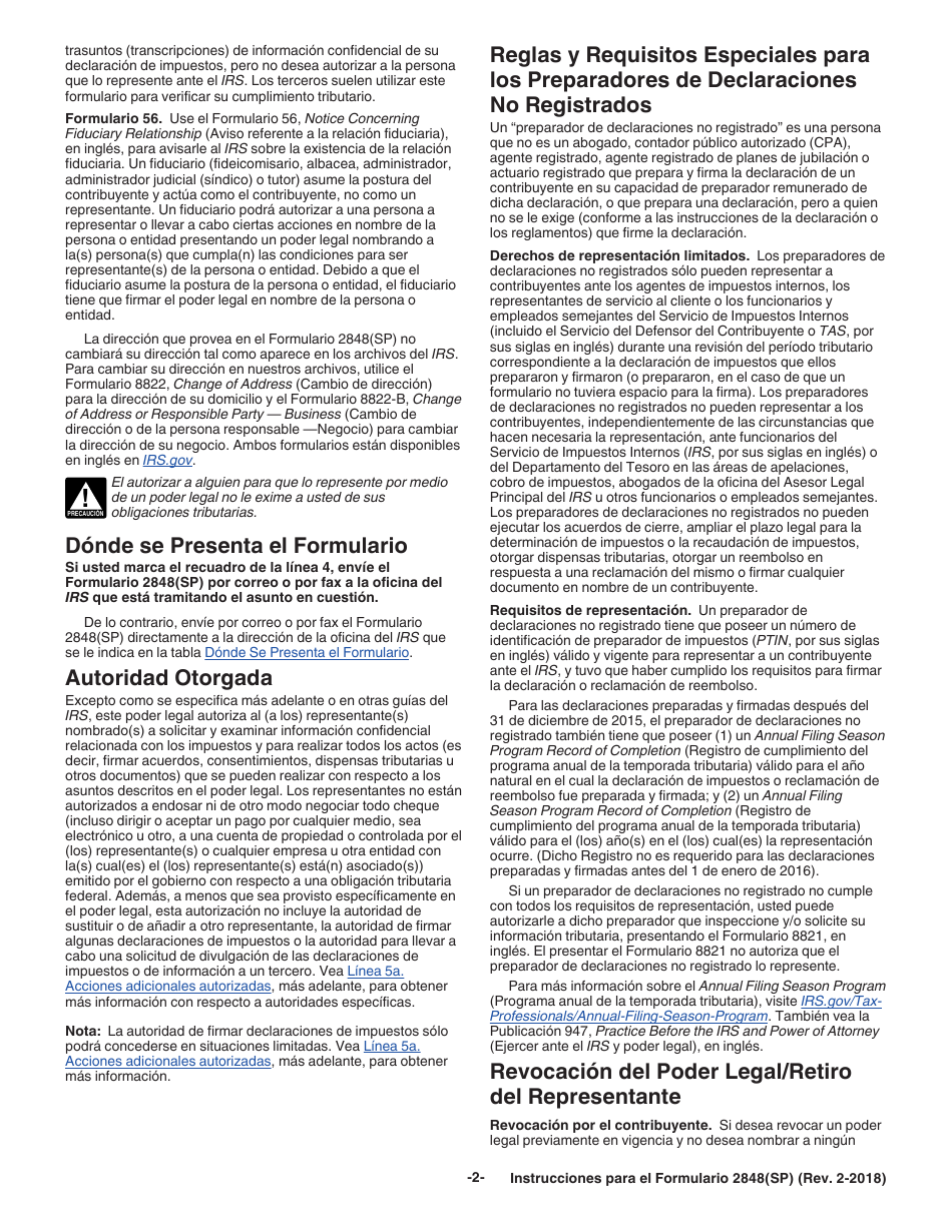 Instrucciones para IRS Formulario 2848(SP) Poder Legal Y Declaracion Del Representante (Spanish), Page 2