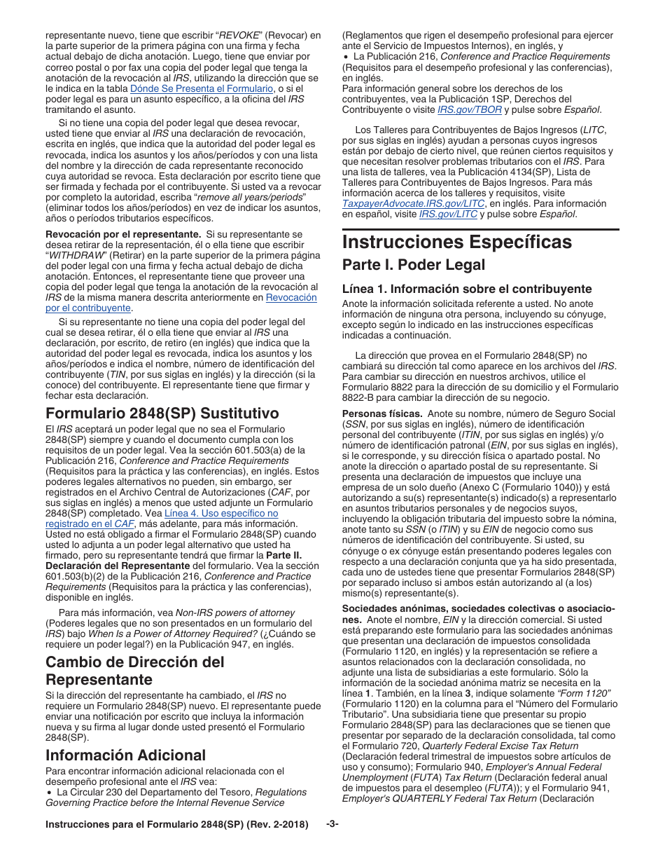 Instrucciones para IRS Formulario 2848(SP) Poder Legal Y Declaracion Del Representante (Spanish), Page 3