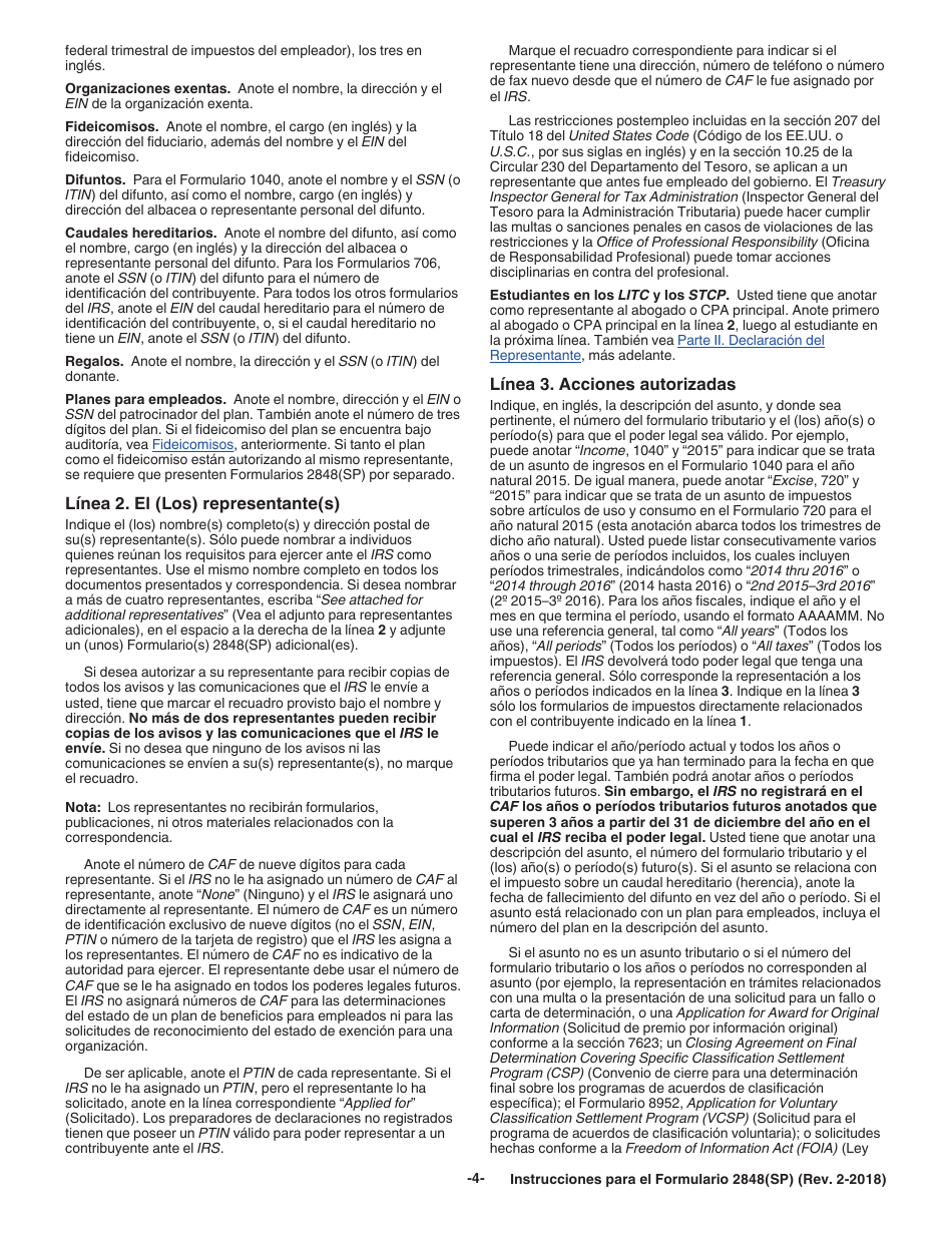 Instrucciones para IRS Formulario 2848(SP) Poder Legal Y Declaracion Del Representante (Spanish), Page 4