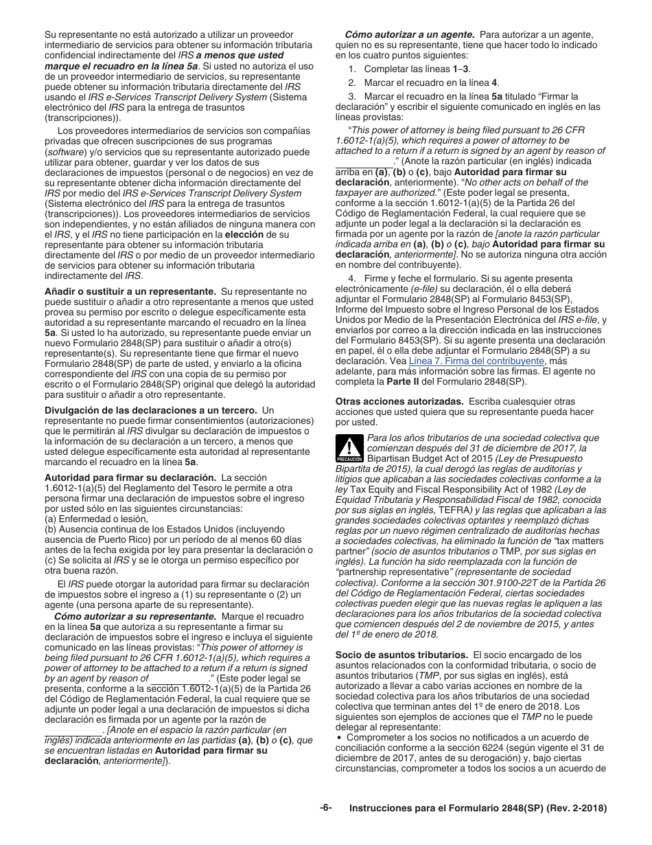 Instrucciones para IRS Formulario 2848(SP) Poder Legal Y Declaracion Del Representante (Spanish), Page 6