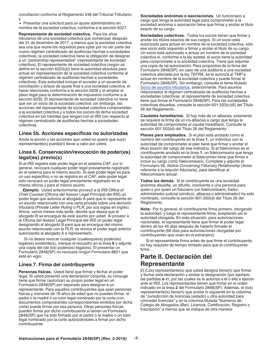 Instrucciones para IRS Formulario 2848(SP) Poder Legal Y Declaracion Del Representante (Spanish), Page 7