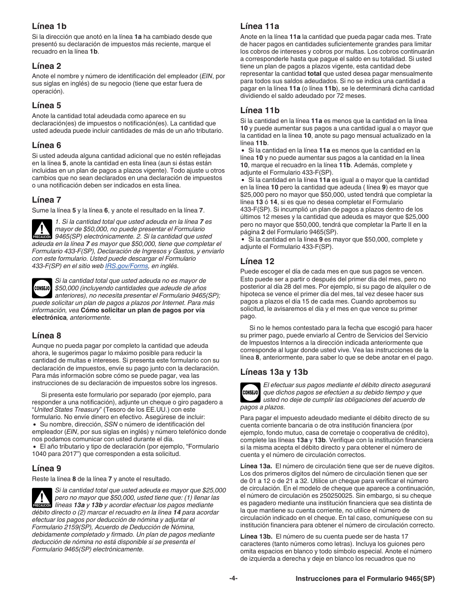 Instrucciones para IRS Formulario 9465(SP) Solicitud Para Un Plan De Pagos a Plazos (Spanish), Page 4