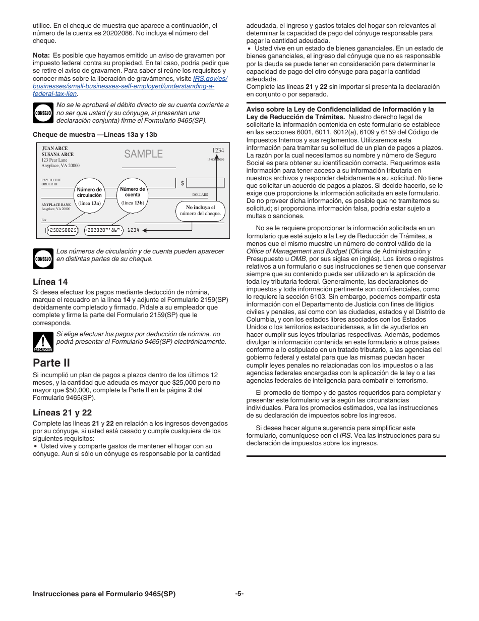 Instrucciones para IRS Formulario 9465(SP) Solicitud Para Un Plan De Pagos a Plazos (Spanish), Page 5