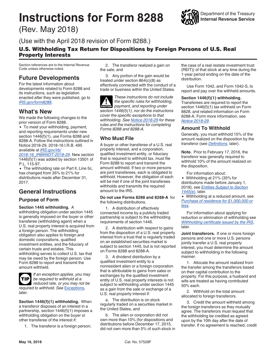 Instructions for IRS Form 8288 U.S. Withholding Tax Return for Dispositions by Foreign Persons of U.S. Real Property Interests, Page 1