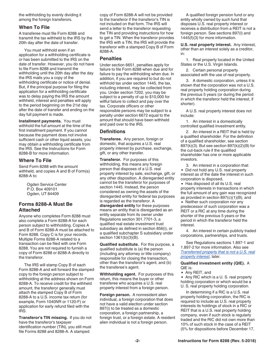 Instructions for IRS Form 8288 U.S. Withholding Tax Return for Dispositions by Foreign Persons of U.S. Real Property Interests, Page 2