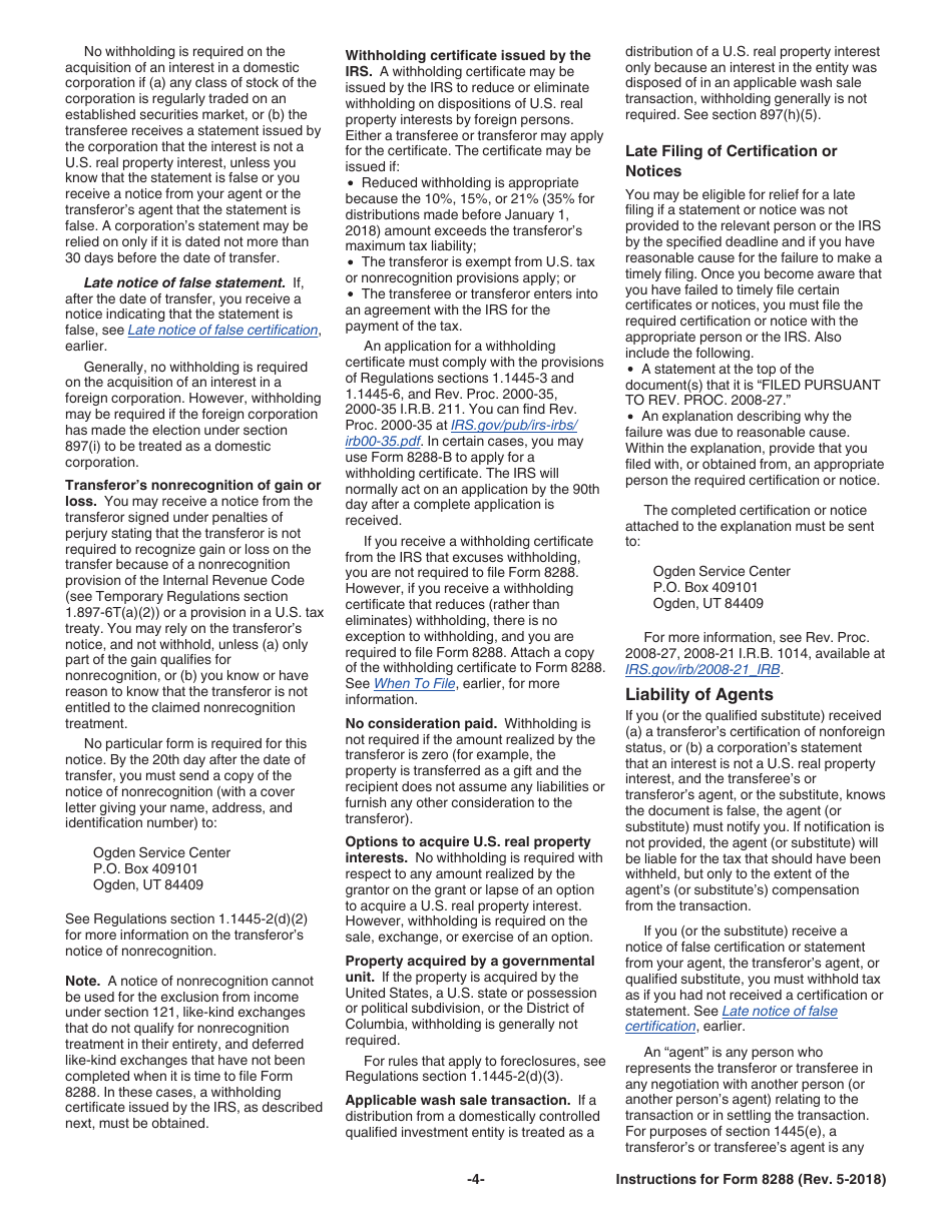 Instructions for IRS Form 8288 U.S. Withholding Tax Return for Dispositions by Foreign Persons of U.S. Real Property Interests, Page 4