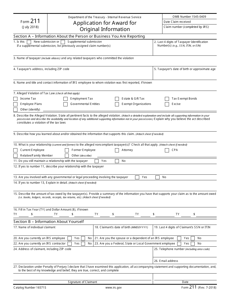 IRS Form 211 Application for Award for Original Information, Page 1