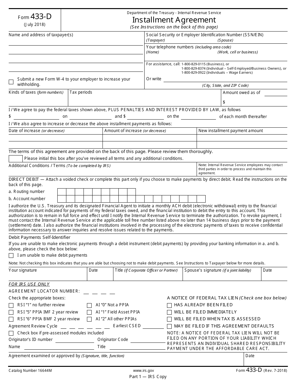 IRS Form 433-d Installment Agreement, Page 1