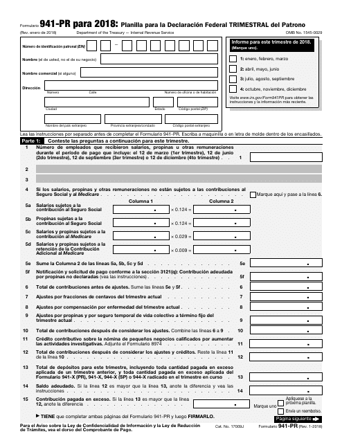 IRS Form 941-PR 2018 Printable Pdf