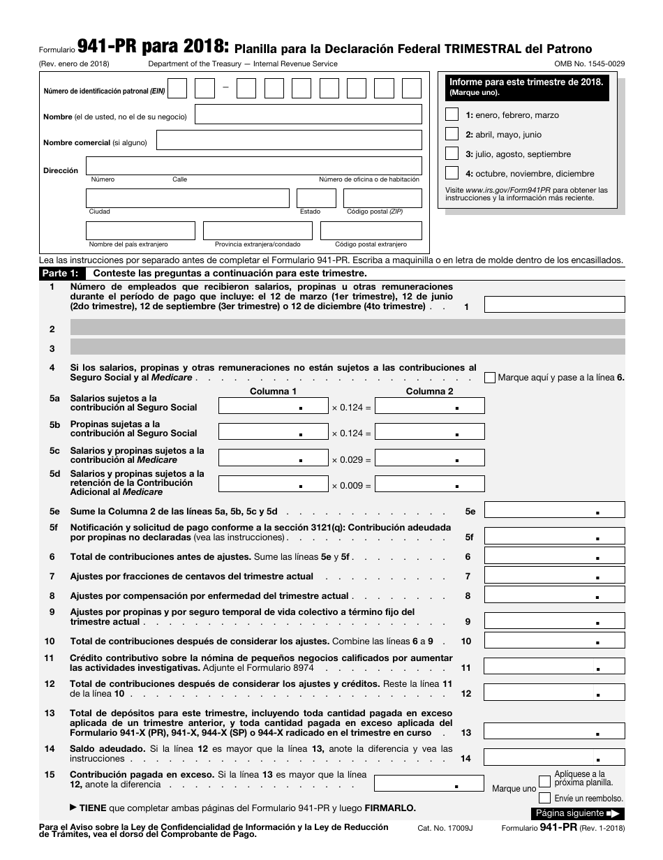 IRS Formulario 941-PR Planilla Para La Declaracion Federal Trimestral Del Patrono (Puerto Rican Spanish), Page 1