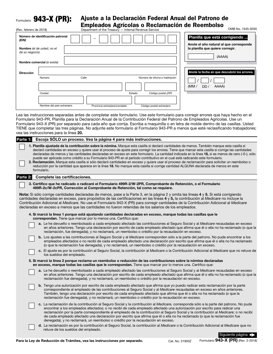 IRS Formulario 943-X (PR) Ajuste a La Declaracion Federal Anual Del Patrono De Empleados Agricolas O Reclamacion De Reembolso (Puerto Rican Spanish), Page 1
