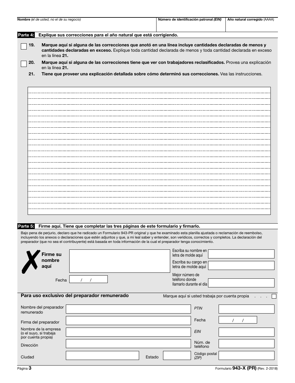 IRS Formulario 943-X (PR) Ajuste a La Declaracion Federal Anual Del Patrono De Empleados Agricolas O Reclamacion De Reembolso (Puerto Rican Spanish), Page 3