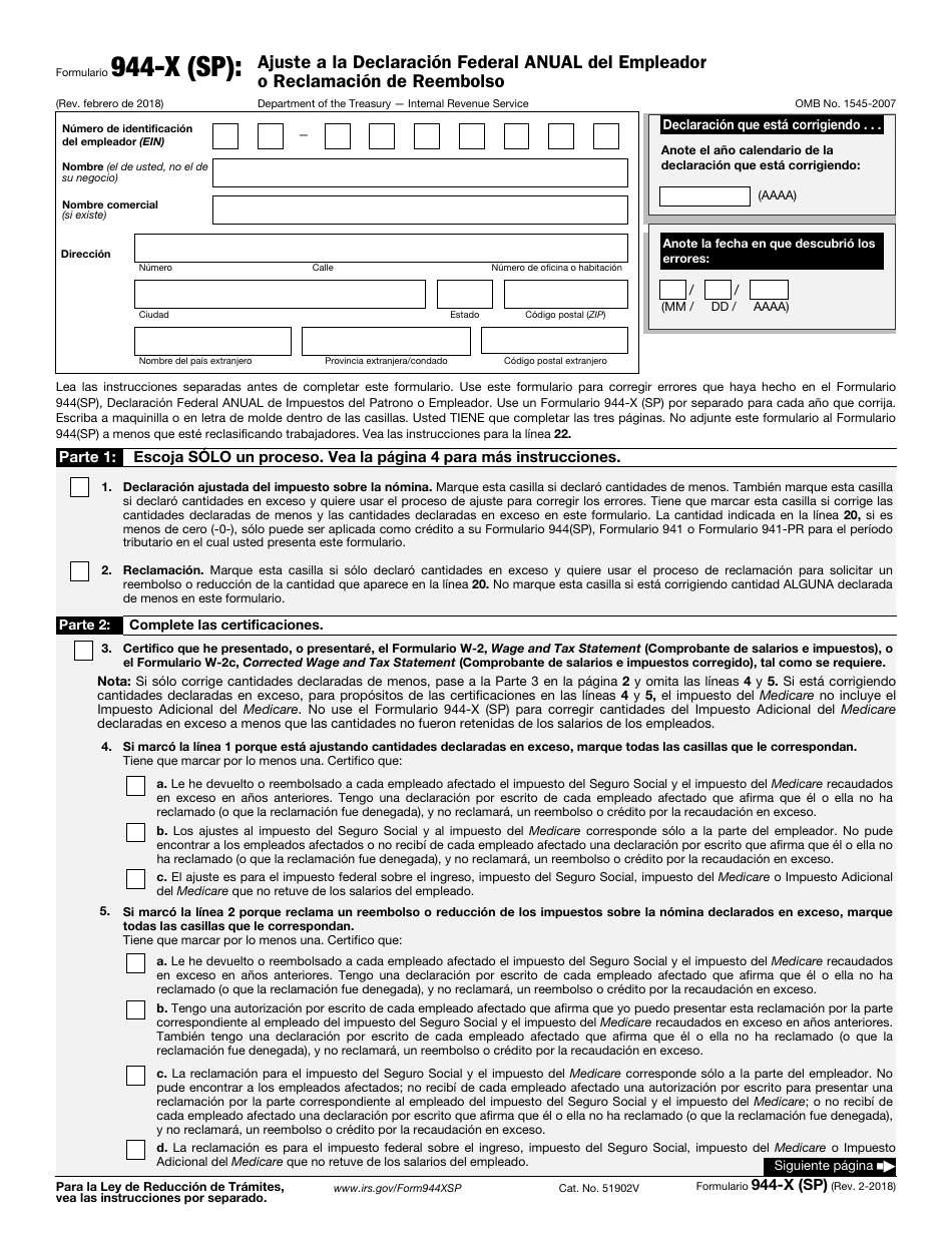 IRS Formulario 944-X (SP) Ajuste a La Declaracion Federal Anual Del Empleador O Reclamacion De Reembolso (Spanish), Page 1