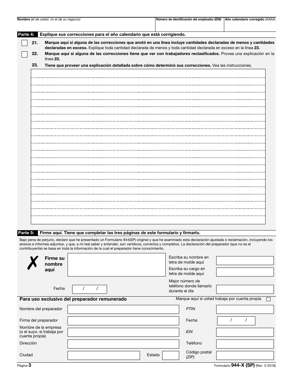 IRS Formulario 944-X (SP) Ajuste a La Declaracion Federal Anual Del Empleador O Reclamacion De Reembolso (Spanish), Page 3