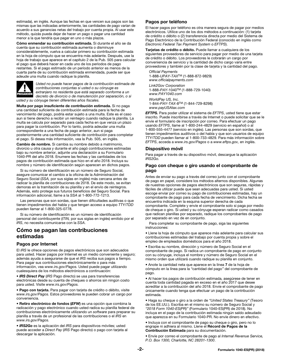 IRS Formulario 1040-ES(PR) Contribuciones Federales Estimadas Del Trabajo Por Cuenta Propia Y Sobre El Empleo De Empleados Domesticos -puerto Rico (Puerto Rican Spanish), Page 2