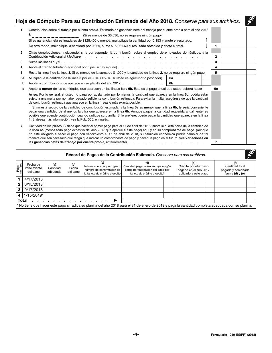 IRS Formulario 1040-ES(PR) Contribuciones Federales Estimadas Del Trabajo Por Cuenta Propia Y Sobre El Empleo De Empleados Domesticos -puerto Rico (Puerto Rican Spanish), Page 4