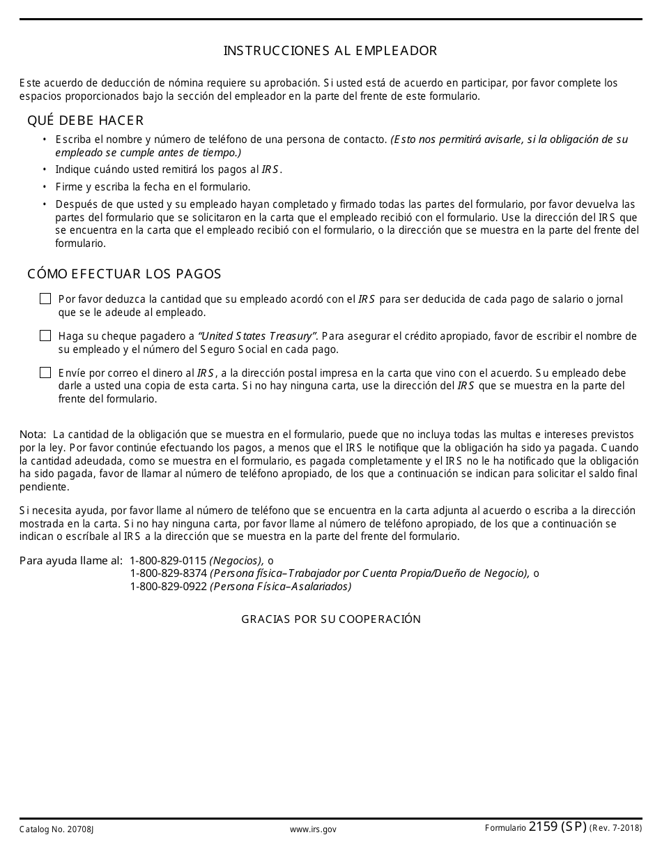 IRS Formulario 2159(SP) Acuerdo De Deduccion De Nomina (Spanish), Page 4