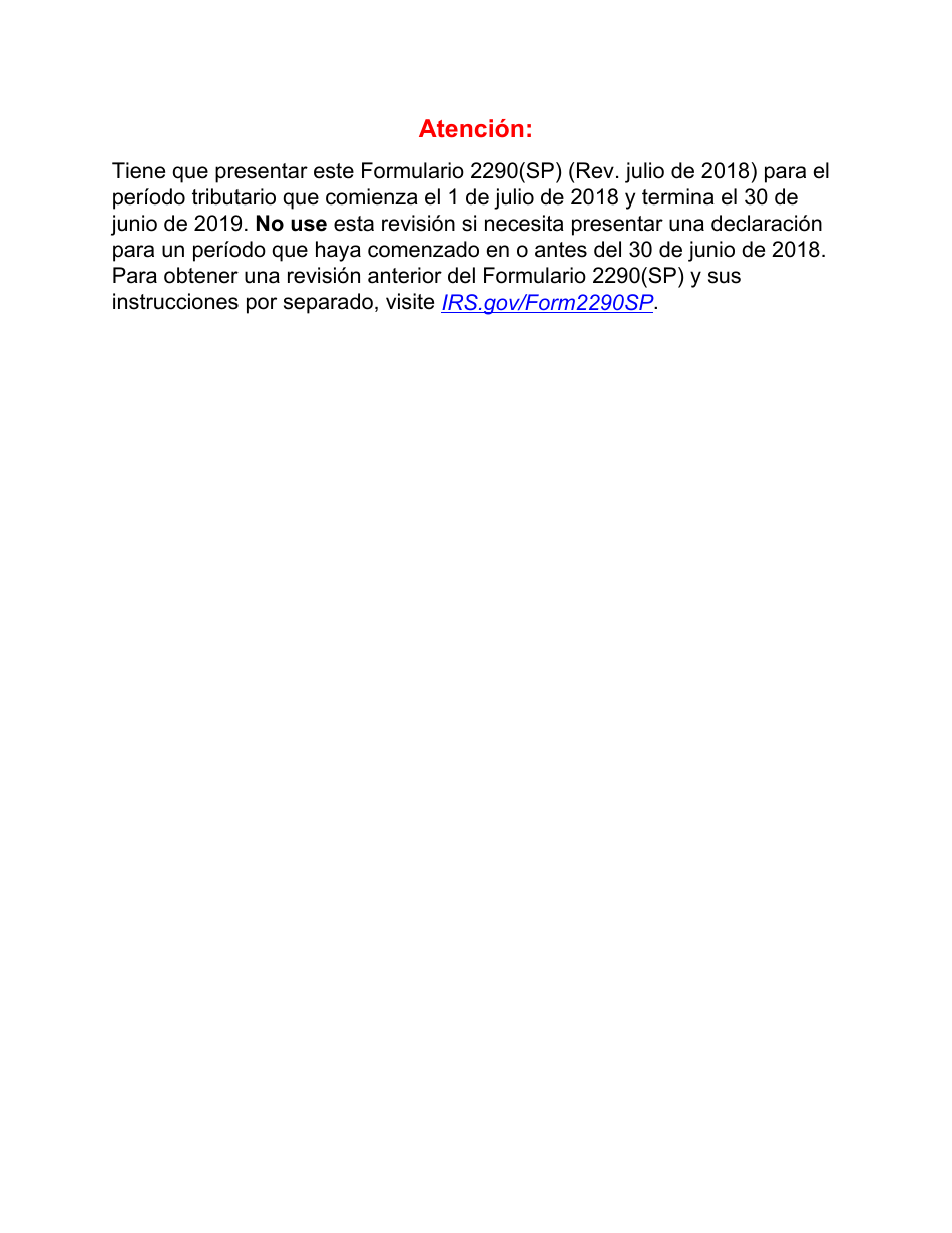 IRS Formulario 2290(SP) Declaracion Del Impuesto Sobre El Uso De Vehiculos Pesados En Las Carreteras (Spanish), Page 1