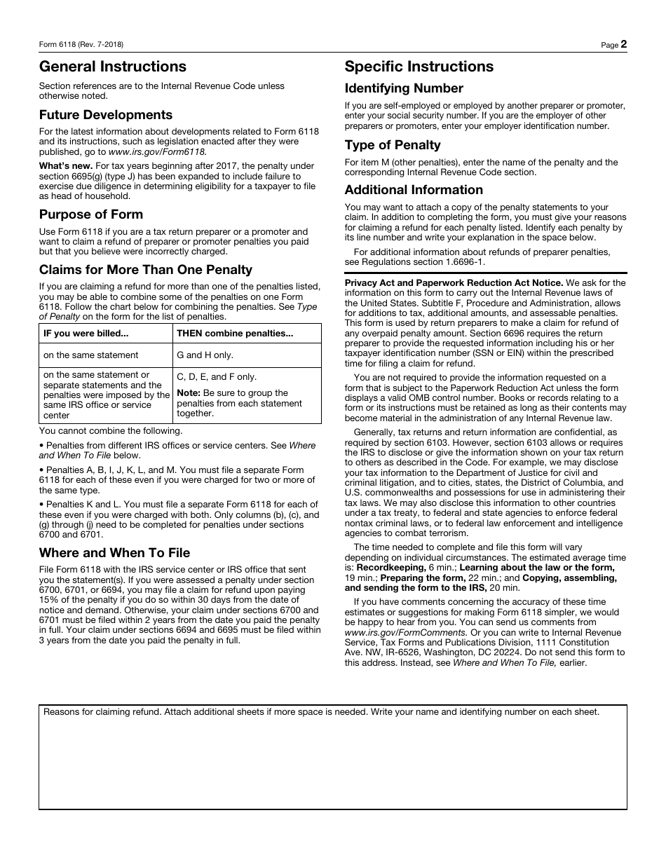 IRS Form 6118 Claim for Refund of Tax Return Preparer and Promoter Penalties, Page 2