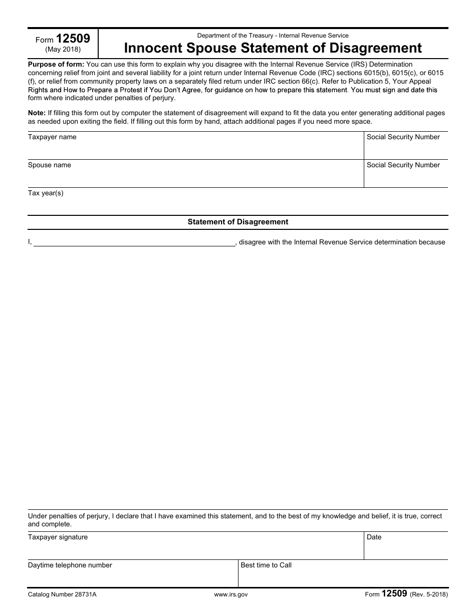 IRS Form 12509 Innocent Spouse Statement of Disagreement, Page 1