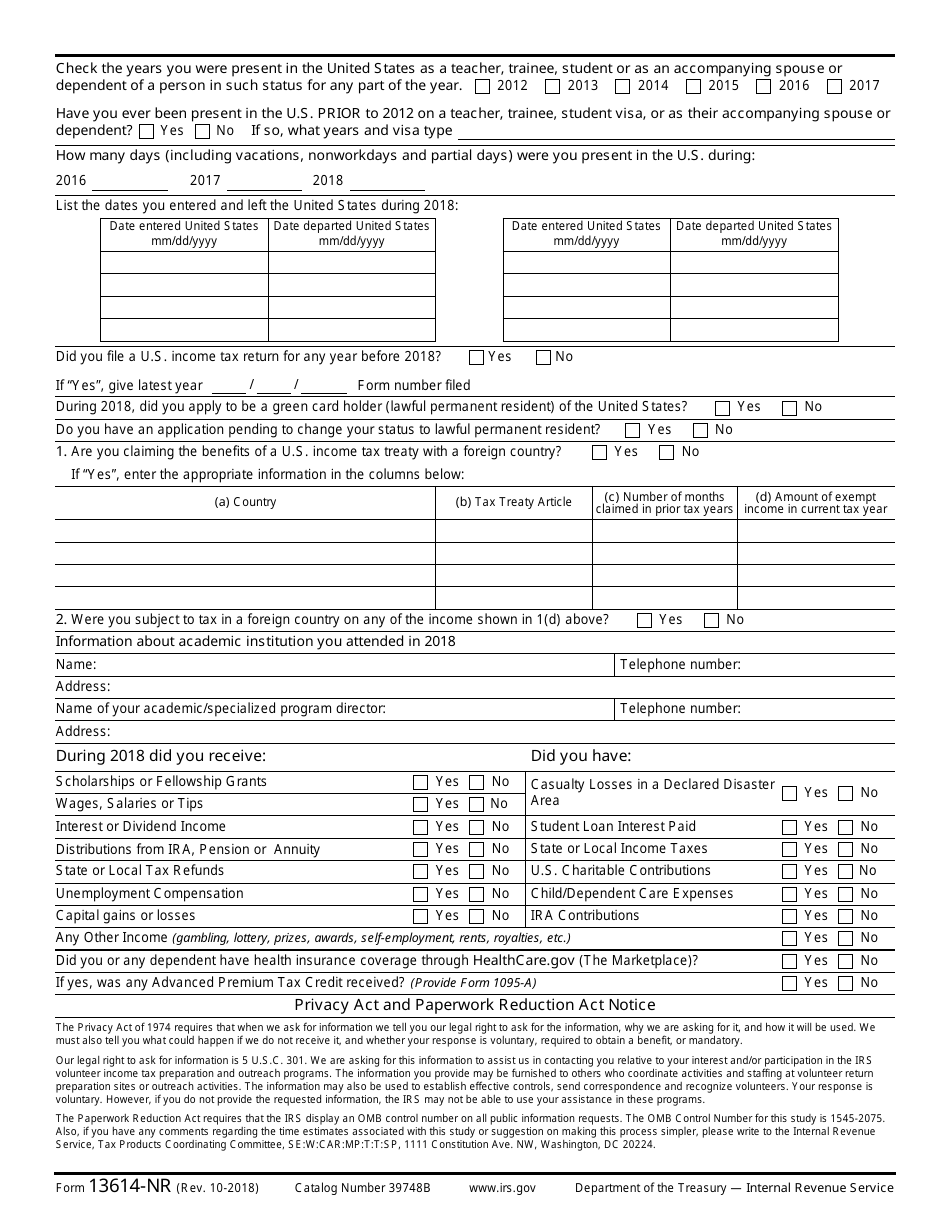 IRS Form 13614-NR Nonresident Alien Intake and Interview Sheet, Page 2