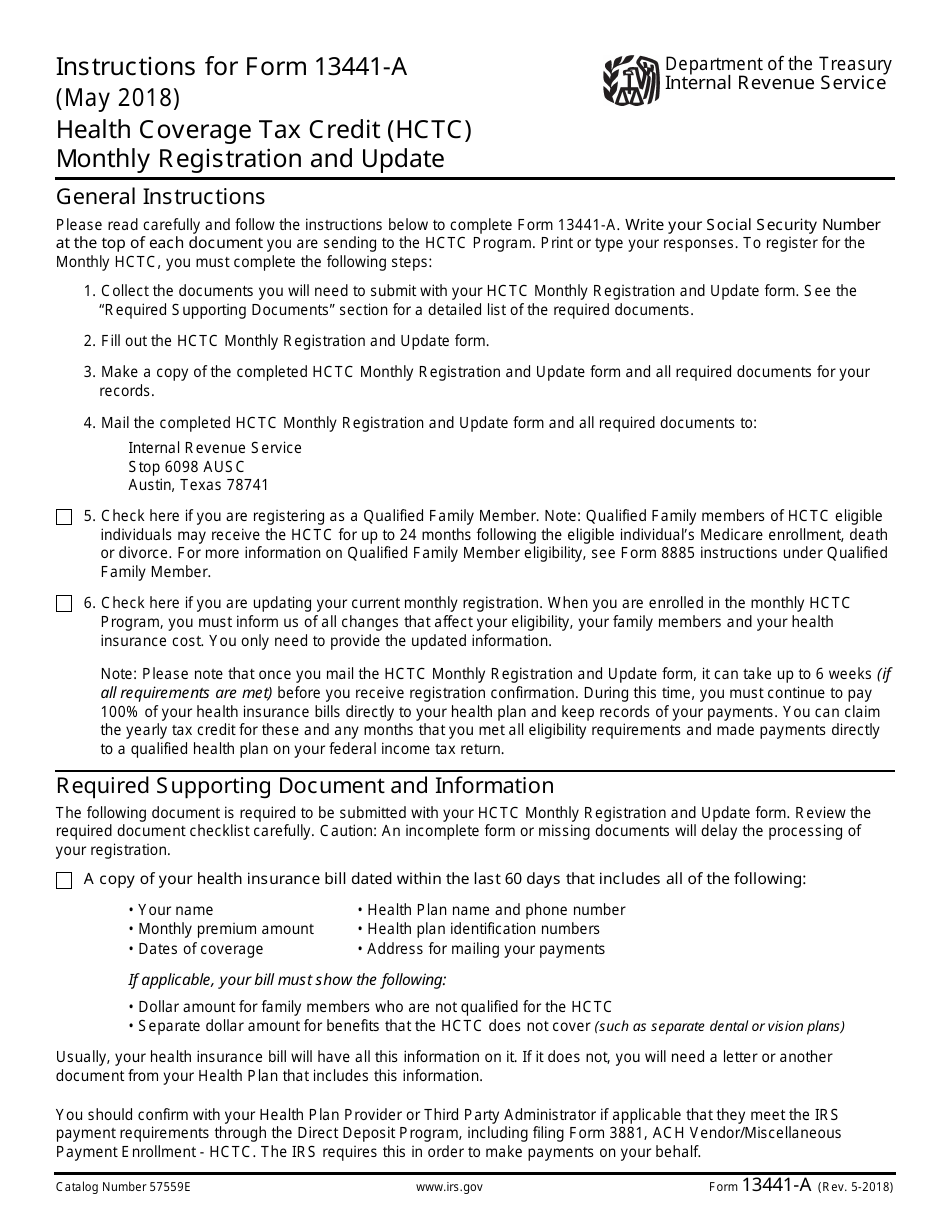 IRS Form 13441-A Health Coverage Tax Credit (Hctc) Monthly Registration and Update, Page 1