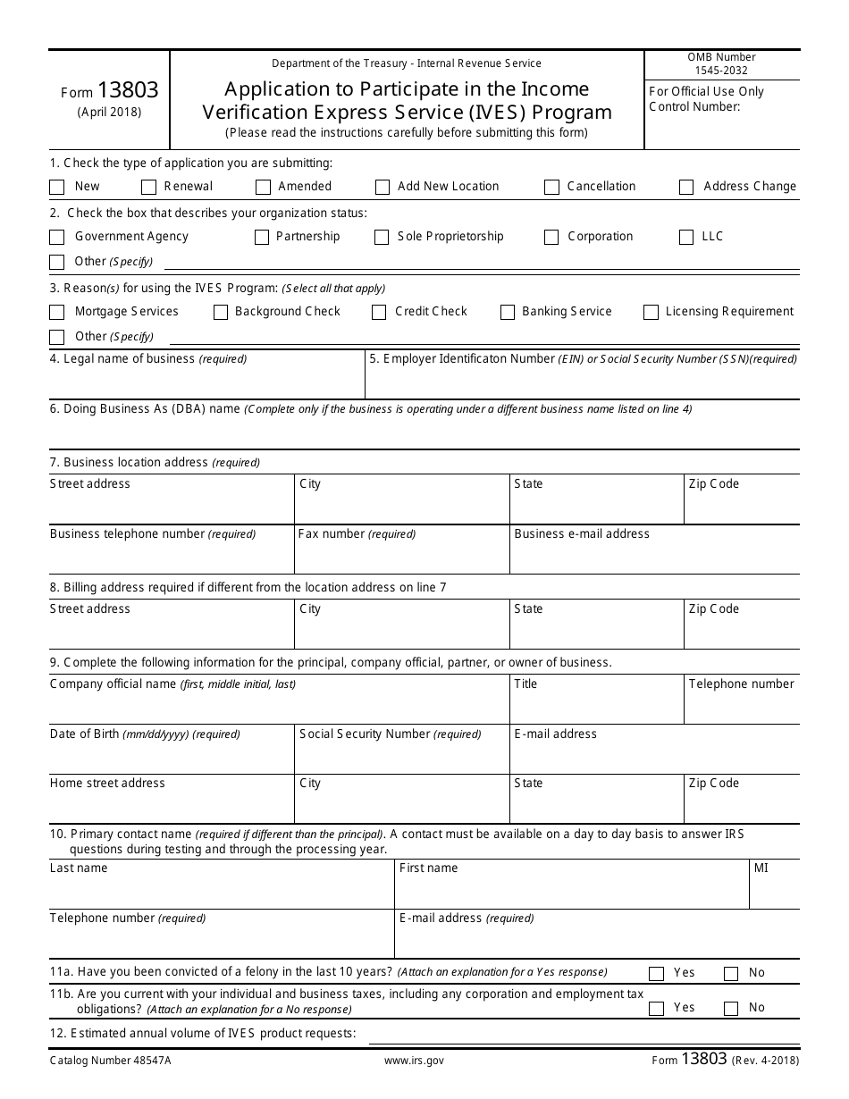 IRS Form 13803 Application to Participate in the Income Verification Express Service (Ives) Program, Page 1