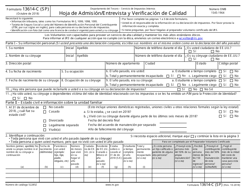 IRS Formulario 13614-C (SP)  Printable Pdf