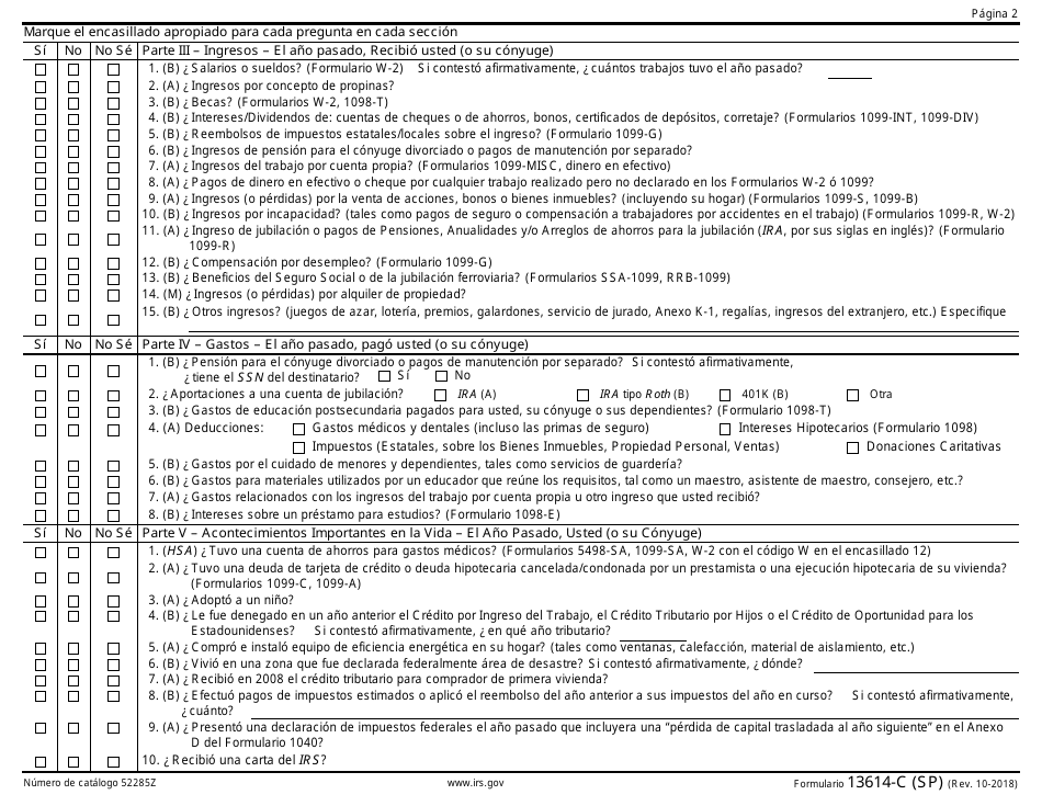 IRS Formulario 13614-C (SP) Hoja De Admision / Entrevista Y Verificacion De Calidad (Spanish), Page 2