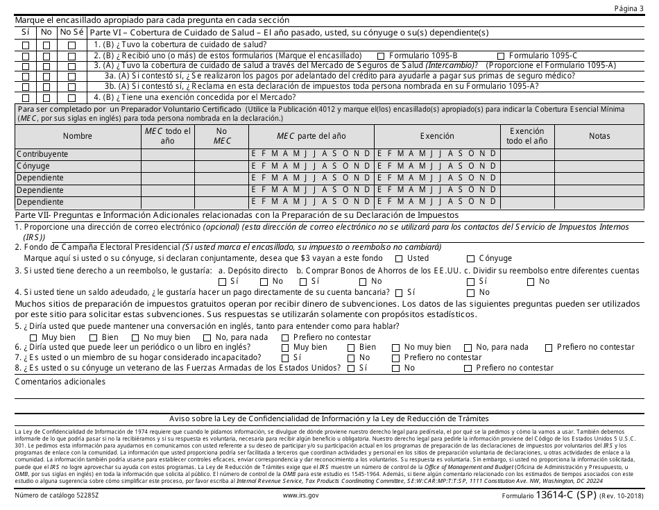 IRS Formulario 13614-C (SP) Hoja De Admision / Entrevista Y Verificacion De Calidad (Spanish), Page 3