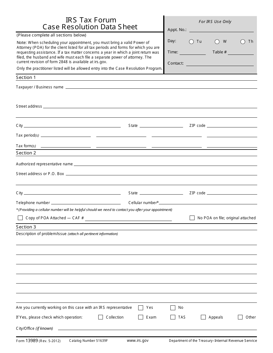 IRS Form 13989 IRS Tax Forum Case Resolution Data Sheet, Page 1